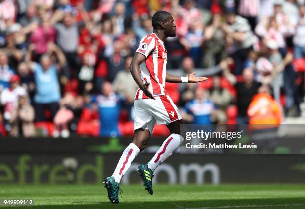 Badou Ndiaye of Stoke City celebrates scoring his sides first goal during the Premier League match between Stoke City and Burnley at Bet365 Stadium...
