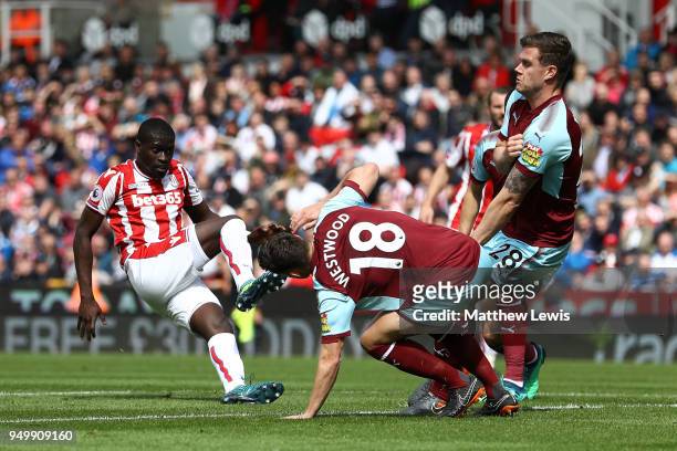 Badou Ndiaye of Stoke City scores his side's first goal during the Premier League match between Stoke City and Burnley at Bet365 Stadium on April 22,...