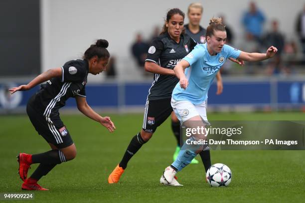 Manchester City Womens' Melissa Lawley gets away from Lyon's Selma Bacha during the UEFA Women's Champions League, Semi Final First Leg match at the...