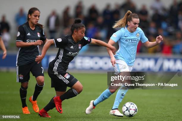 Manchester City Womens' Melissa Lawley gets away from Lyon's Selma Bacha during the UEFA Women's Champions League, Semi Final First Leg match at the...