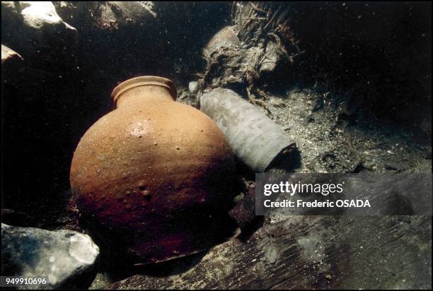 The wreckage has revealed countless containers made of Norman stoneware, such as this earthenware jug and bottle. The analysis of the contents of the...