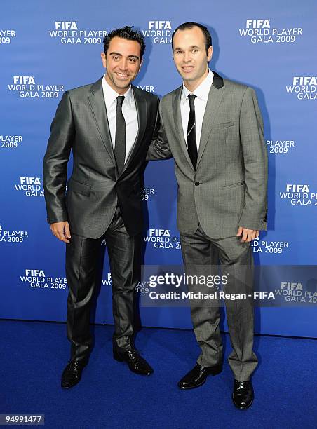 Xavi poses with Andres Iniesta as they arrive at the FIFA World Player Gala on December 21, 2009 in Zurich, Switzerland.