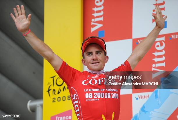 French Samuel Dumoulin jubilates on the podium, on July 7 2008 in Nantes, after winning the 208 km third stage of the 2008 Tour de France cycling...