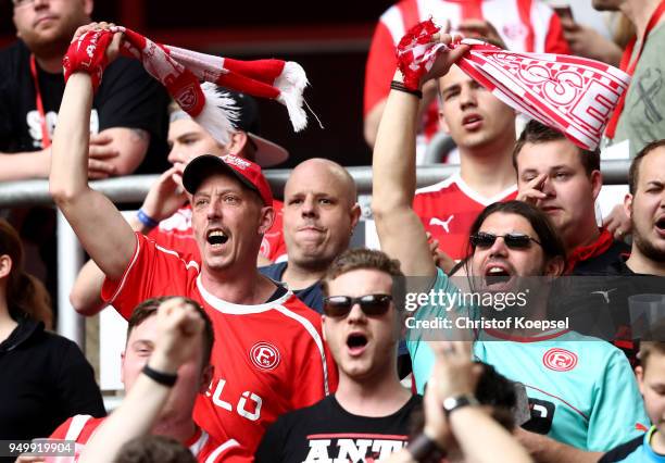 Fans of Duesseldorf celebrate during the Second Bundesliga match between Fortuna Duesseldorf and FC Ingolstadt 04 at Esprit-Arena on April 22, 2018...