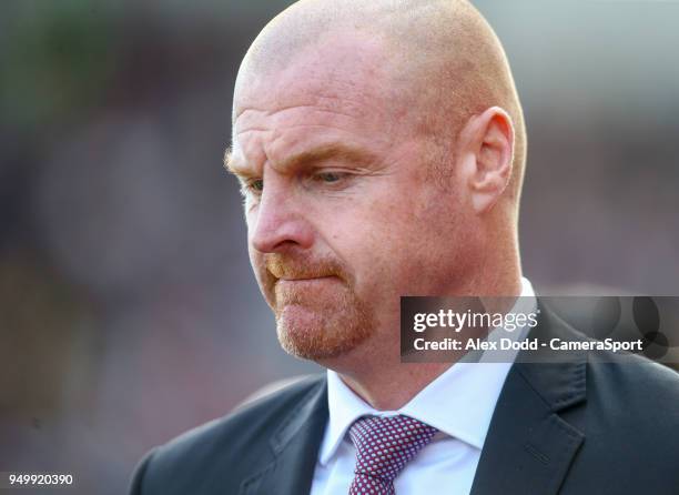 Burnley manager Sean Dyche during the Premier League match between Stoke City and Burnley at Bet365 Stadium on April 22, 2018 in Stoke on Trent,...