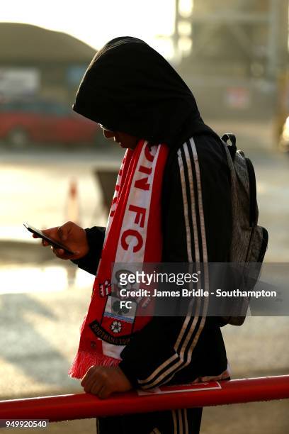 Fans arrive at St Marys Stadium ready to travel ahead of the Semi Final of the Emirates FA Cup between Southampton FC and Chelsea FC at Wembley...
