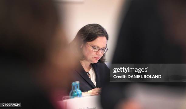 Parliamentary group leader of the Social Democratic Party Andrea Nahles reacts after being elected as chairwoman of the German Social Democratic...