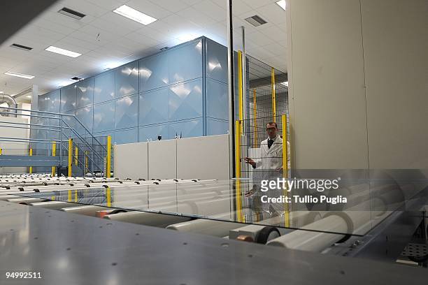 General view of production line of photovoltaic panels in the new Moncada Solar Equipment plant on December 21, 2009 in Campofranco near...