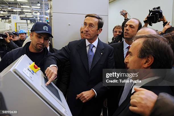 Gianfranco Fini President of Italian Chamber of Deputy, and Angelino Alfano, Italian Minister of Justice visit a production line of photovoltaic...