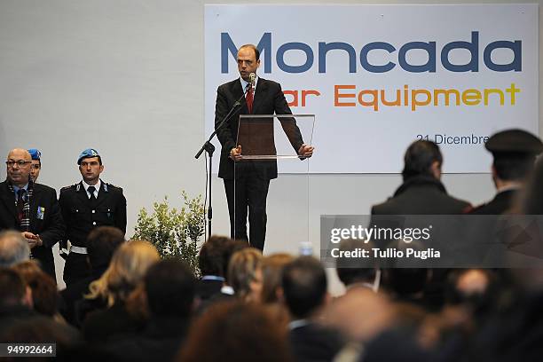 Angelino Alfano, Italian Minister of Justice, attends the inauguration ceremony of new Moncada Solar Equipment plant on December 21, 2009 in...