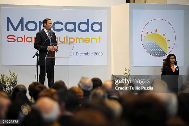 Gianfranco Fini President of the Italian Chamber of Deputies attends the inauguration ceremony of the new Moncada Solar Equipment plant on December...