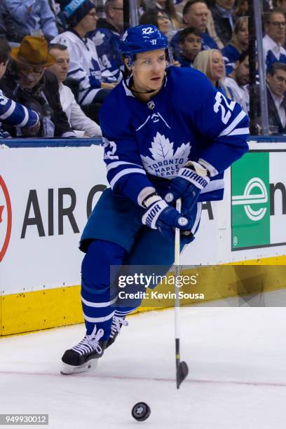 Nikita Zaitsev of the Toronto Maple Leafs skates with the puck against the Boston Bruins in Game Four of the Eastern Conference First Round during...