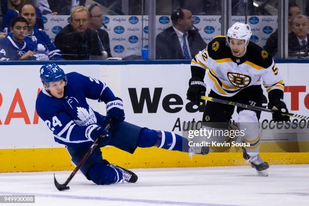 Kasperi Kapanen of the Toronto Maple Leafs makes a pass against the Boston Bruins in Game Four of the Eastern Conference First Round during the 2018...