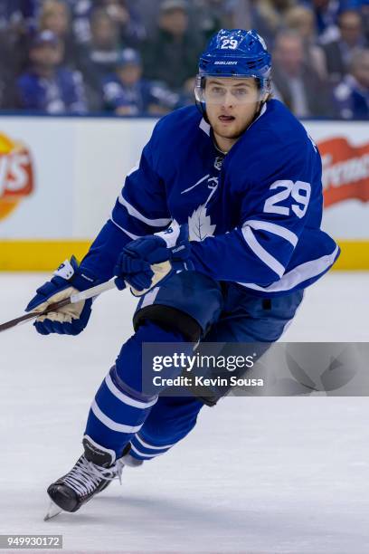 William Nylander of the Toronto Maple Leafs skates against the Boston Bruins in Game Four of the Eastern Conference First Round during the 2018 NHL...