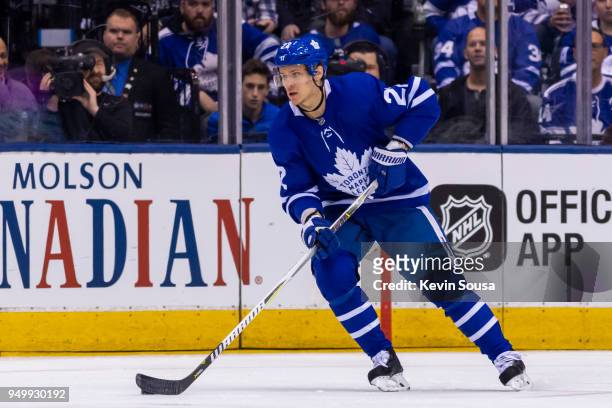 Nikita Zaitsev of the Toronto Maple Leafs skates with the puck against the Boston Bruins in Game Four of the Eastern Conference First Round during...