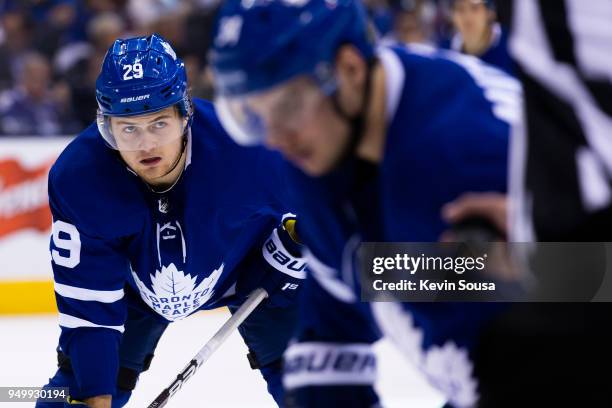 William Nylander of the Toronto Maple Leafs sets for a face-off against the Boston Bruins in Game Four of the Eastern Conference First Round during...