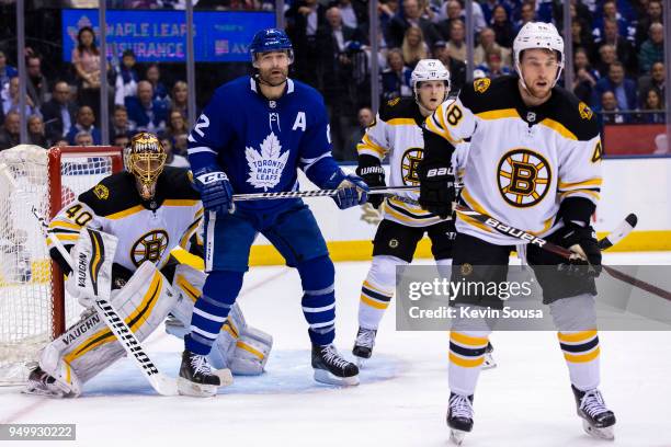 Patrick Marleau of the Toronto Maple Leafs screens Tuukka Rask of the Boston Bruins in Game Four of the Eastern Conference First Round during the...