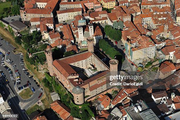 aerial view of ivrea castle in sunny day, turin, piedmont - ivrea stock pictures, royalty-free photos & images