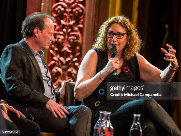 Adam Gopnik and Judy Gold during the 'J! International Symposium - Jewish New York' at Berns Hotel on April 22, 2018 in Stockholm, Sweden.