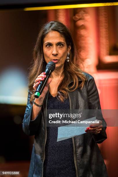 Program director Lizzie Oved Scheja speaks during the 'J! International Symposium - Jewish New York' at Berns Hotel on April 22, 2018 in Stockholm,...