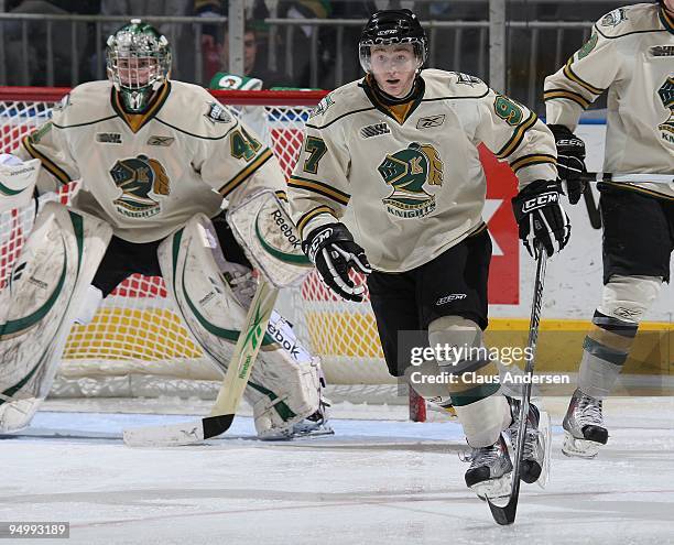 Jared Knight of the London Knights skates in a game against the Sault Ste. Marie Greyhounds on December 18, 2009 at the John Labatt Centre in London,...