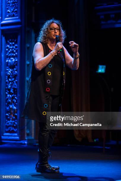 Comedian Judy Gold performs during the 'J! International Symposium - Jewish New York' at Berns Hotel on April 22, 2018 in Stockholm, Sweden.