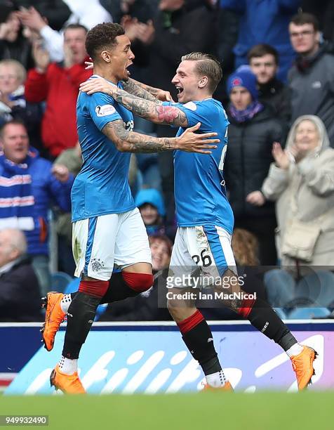 Jason Cummings of Rangers celebrates after scoring his team's first goal during the Ladbrokes Scottish Premiership match between Rangers and Hearts...