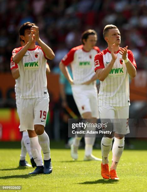 Philipp Max of Augsburg reacts before the Bundesliga match between FC Augsburg and 1. FSV Mainz 05 at WWK-Arena on April 22, 2018 in Augsburg,...