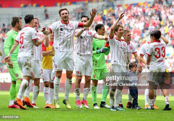 The team of Duesseldorf celebrates after the Second Bundesliga match between Fortuna Duesseldorf and FC Ingolstadt 04 at Esprit-Arena on April 22,...