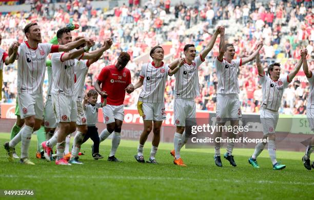 The team of Duesseldorf celebrates after the Second Bundesliga match between Fortuna Duesseldorf and FC Ingolstadt 04 at Esprit-Arena on April 22,...