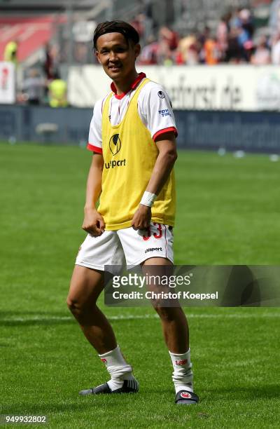 Takashi Usami of Duesseldorf celebrates after winning 3-0 the Second Bundesliga match between Fortuna Duesseldorf and FC Ingolstadt 04 at...