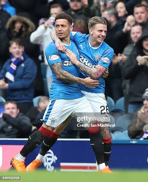 Jason Cummings of Rangers celebrates after scoring his team's first goal during the Ladbrokes Scottish Premiership match between Rangers and Hearts...