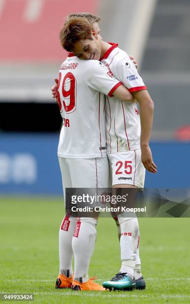 Jean Zimmer and Genki Haraguchi of Duesseldorf celebrate after the Second Bundesliga match between Fortuna Duesseldorf and FC Ingolstadt 04 at...