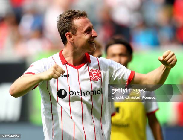 Robin Bormuth of Duesseldorf celebrates after the Second Bundesliga match between Fortuna Duesseldorf and FC Ingolstadt 04 at Esprit-Arena on April...