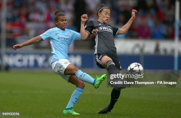 Manchester City Womens' Nikita Parris and Lyon's Lucy Bronze battle for the ball during the UEFA Women's Champions League, Semi Final First Leg match...