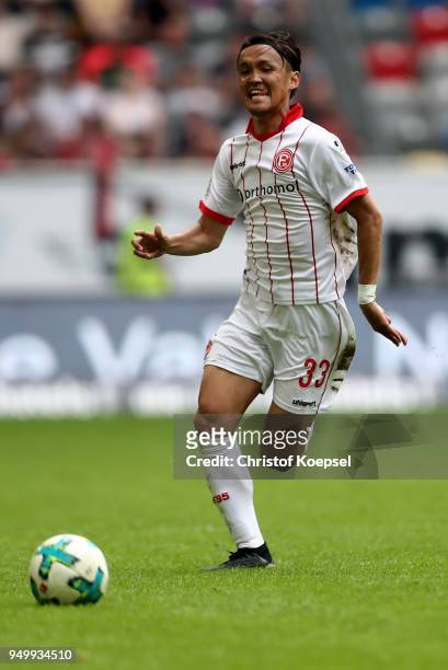Takashi Usami of Duesseldorf runs with the ball during the Second Bundesliga match between Fortuna Duesseldorf and FC Ingolstadt 04 at Esprit-Arena...