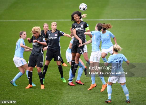 Wendie Renard of Lyon headers the ball during the UEFA Women's Champions League Semi Final, first leg match between Manchester City Women and Lyon at...