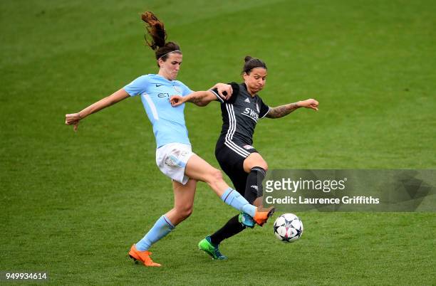 Jill Scott of Manchester City Women and Dzsenifer Marozsan of Lyon compete for the ball during the UEFA Women's Champions League Semi Final, first...