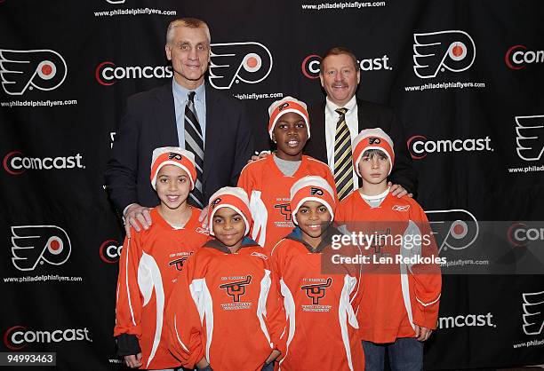 Comcast-Spectacor President Peter Luukko and Philadelphia Flyers General Manager Paul Holmgren prior to the game between the Florida Panthers and the...