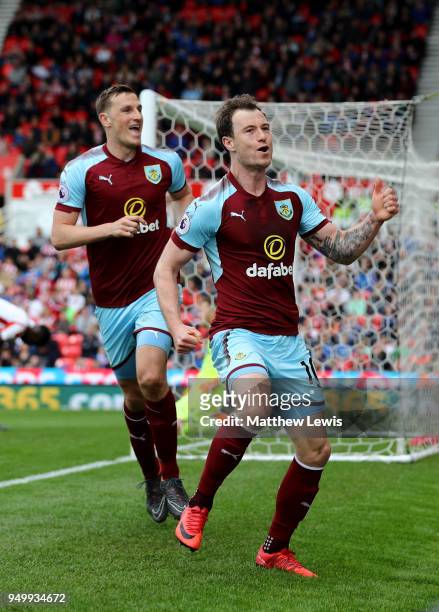 Ashley Barnes of Burnley celebrates scoring his side's first goal during the Premier League match between Stoke City and Burnley at Bet365 Stadium on...
