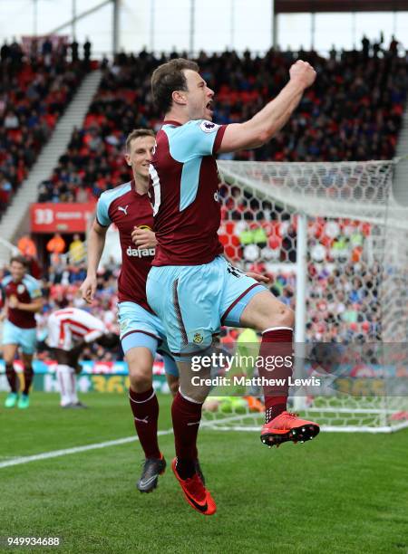 Ashley Barnes of Burnley celebrates scoring his side's first goal during the Premier League match between Stoke City and Burnley at Bet365 Stadium on...