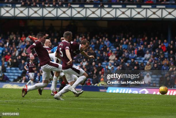 Christophe Berra of Heart of Midlothian scores during the Ladbrokes Scottish Premiership match between Rangers and Hearts at Ibrox Stadium on April...