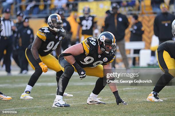 Defensive lineman Brett Keisel of the Pittsburgh Steelers looks on from the line of scrimmage during a game against the Oakland Raiders at Heinz...