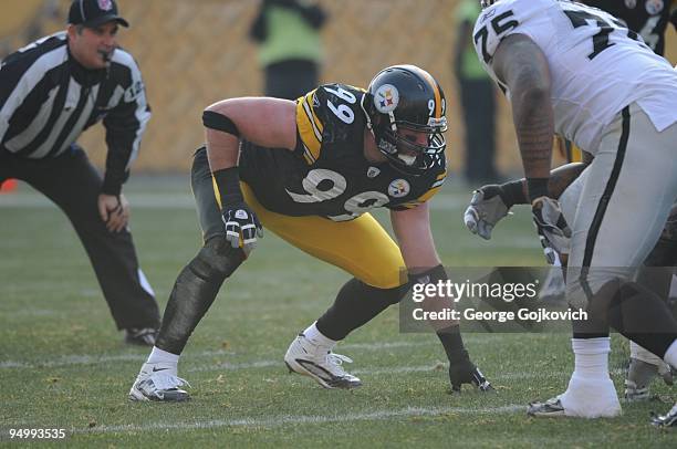 Defensive lineman Brett Keisel of the Pittsburgh Steelers looks across the line of scrimmage during a game against the Oakland Raiders at Heinz Field...