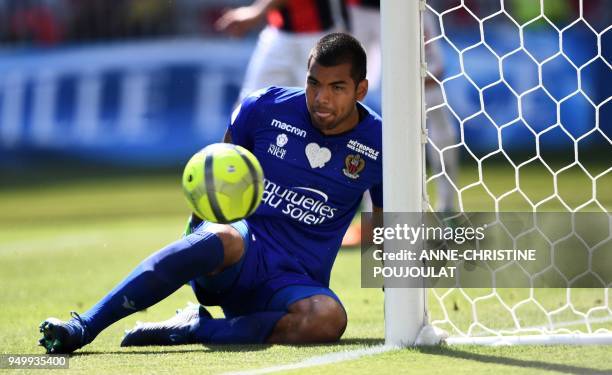 Nice's Argentinian goalkeeper Walter Benitez stops the ball on April 22, 2018 at the Allianz Riviera Stadium in Nice, southern France, during the...