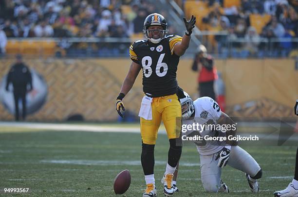 Wide receiver Hines Ward of the Pittsburgh Steelers celebrates after catching a pass for a first down against safety Tyvon Branch of the Oakland...