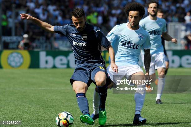 Felipe Anderson of SS Lazio compete for the ball with Gianmarco Ferrari of UC Sampdoria during the serie A match between SS Lazio and UC Sampdoria at...