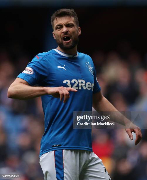 Russell Martin of Rangers reacts during the Ladbrokes Scottish Premiership match between Rangers and Hearts at Ibrox Stadium on April 22, 2018 in...