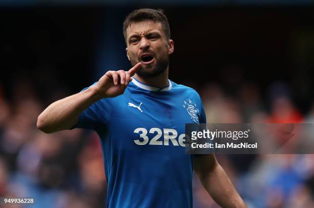 Russell Martin of Rangers reacts during the Ladbrokes Scottish Premiership match between Rangers and Hearts at Ibrox Stadium on April 22, 2018 in...