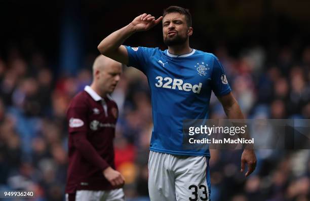 Russell Martin of Rangers reacts during the Ladbrokes Scottish Premiership match between Rangers and Hearts at Ibrox Stadium on April 22, 2018 in...